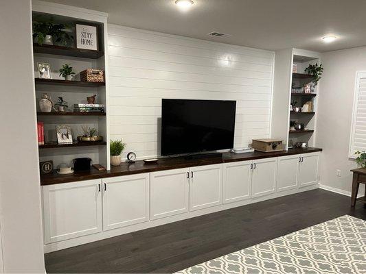 shaker cabinets, shiplap, stained countertop and shelves