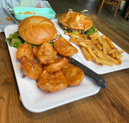 Burgers with onion petals & fries. Petals are okay, I preferred rings but they were all out.