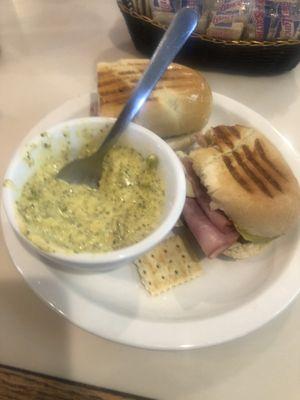 Cubano sandwich and broccoli soup