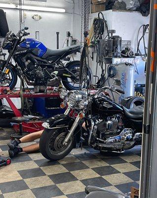 My Harley Davidson 2001 road king getting oil change at WTF ( look for owners legs in picture )