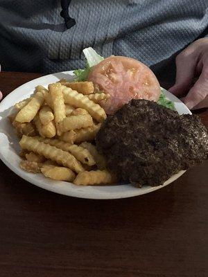 Juicy hamburger seasoned perfectly and crispy fries.