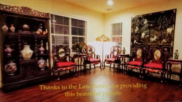 Antique rosewood & marble living room set, vintage ebony treasure shelf, & Tiffany style dragonfly floor lamp in a customer's house