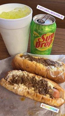 2 Chili, slaw, and mustard dogs and a sun drop