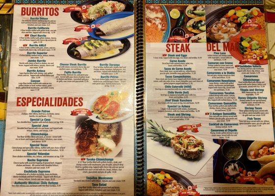 Menu of burritos and steaks