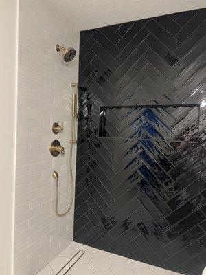 Walk-in shower with black accent wall