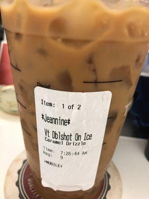 Venti double shot on ice, add caramel drizzle