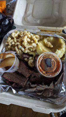 Brisket plate with mashed potatoes and Mama's Mac.