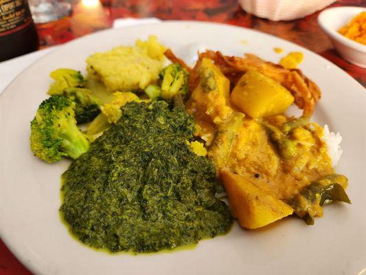 Saag Palek, Garlic Broccoli, Aloo Matar, Onion Barji.