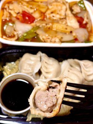 Fried pork dumplings with dipping sauce - takeout