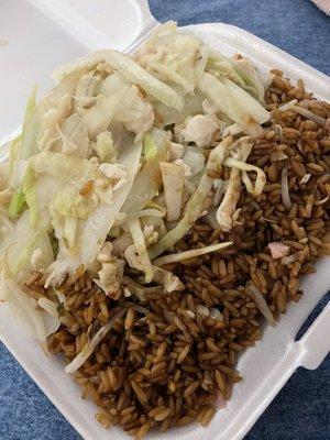 Ham fried rice and chicken chow mein