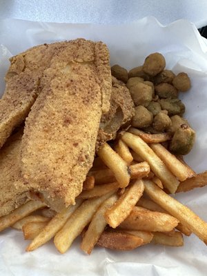 Fried Talaia with fried okra and fries.