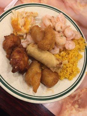 Fried rice, shrimp & veggies, fried shrimp, honey chicken, General Tso's chicken, crab casserole and a spring roll. Always the best!