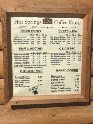 Menu as of May 2018