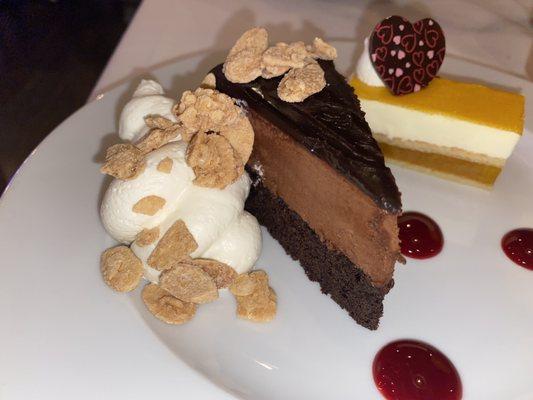 Chocolate mousse and mango & passion fruit tarte