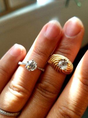 Engagement ring w/grandmother's diamond (left); grandmother's ring w/white sapphire (right)