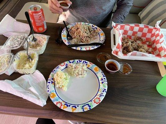 Mid setup here but pulled pork platter with potato salad and Cole slaw sides