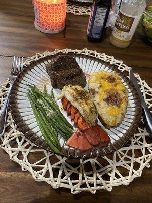 Valentine's Day special. (2 filet, 2 lobster tail, 2 baked potatoes, and 2 side salads) 60$