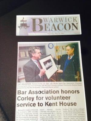 Warwick Beacon the local newspaper ran story on Rick Corley receiving award