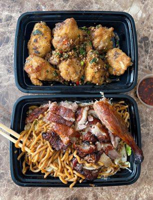 DELIVERY: Roast Duck "Garlic Noodles" ($15.75) + Salt & Pepper Wings ($9). The "garlic noodles" is chow mein.