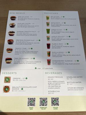 Bowl and drink menu