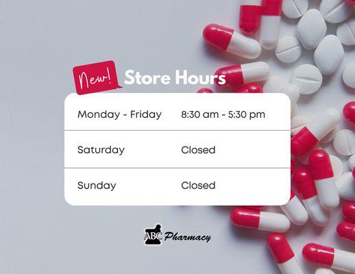 Our new store hours - we're now open from Monday to Friday from 8:30AM to 5:30PM!