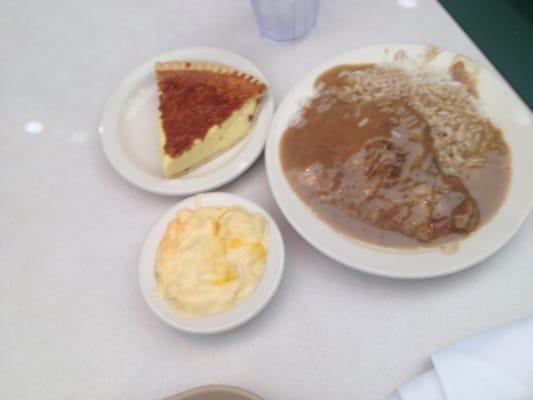 Very, very nice CS Steak, rice & gravy, m&c, and Egg Custard Pie.