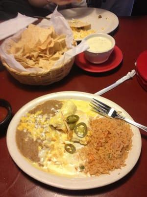 Awesome enchiladas and queso.