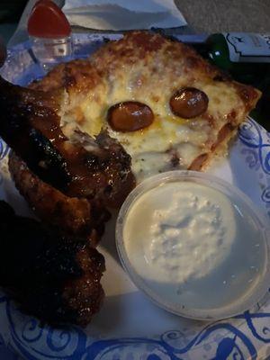 Cheese and Pepperoni pizza with grilled bbq wings