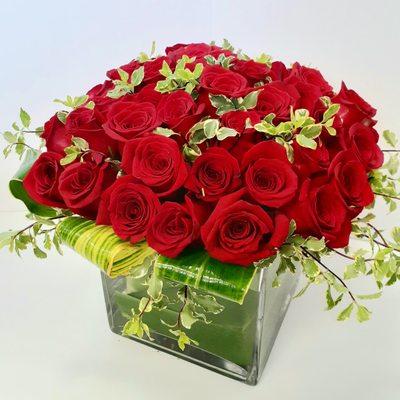 Cube of red roses by West Hollywood Florist