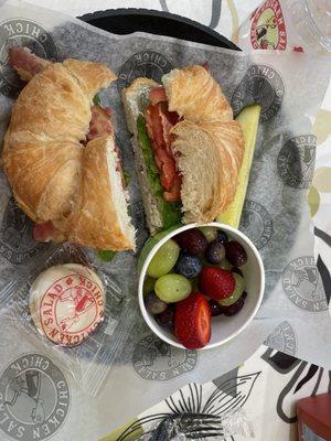 Chicken Salad BLT Sandwich w/ Fancy Nancy chicken salad and a side of fruit salad.