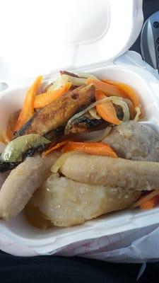 Fried king fish with dumplings,  banana and white yam. $8.50