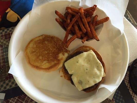 1/3 lb burger with pepper jack cheese. Side of sweet potato fries.