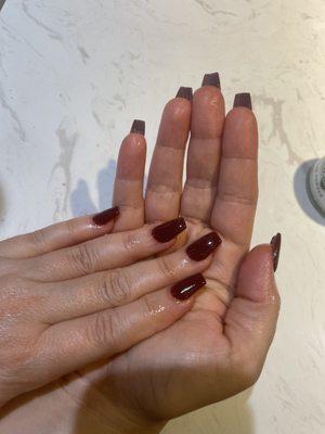 Deep maroon coffin shaped SNS nails with tips