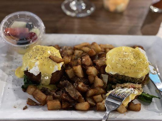 Sautéed Spinach (On the Bottom) Crab Cake Poached Egg with Hollandaise Sauce Side order of Potatoes Fruit Cup