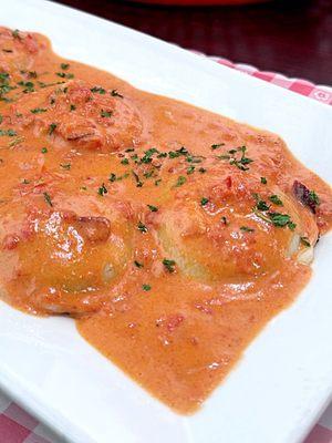 Portabella Mushroom Ravioli with bacon vodka sauce