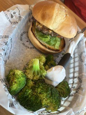 Bison burger and broccoli