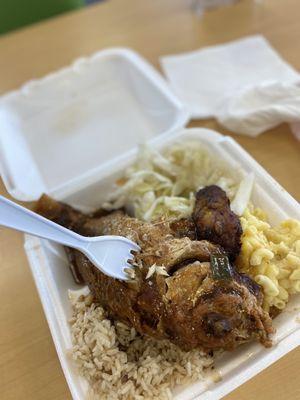 Brown-stewed Brown-Stew Fish Mac and cheese Rice and Peas Cabbage Plantain