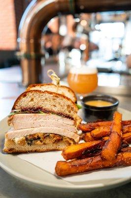 Roasted Turkey Dip:
 Stuffing, Cranberry, Kale, Sweet Potato Fries