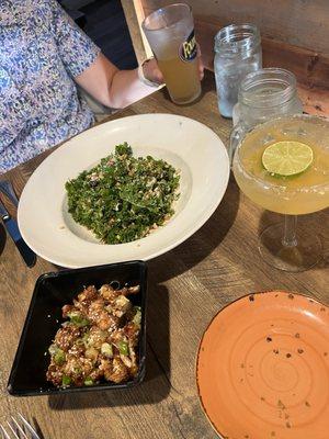 Kale Salad, Korean Fried Cauliflower, Peach Margarita