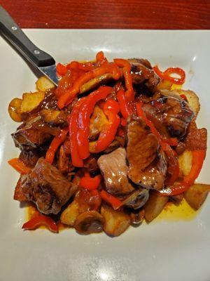 Teriyaki steak tips. Steak tips are delicious but wish there are some "greens" to balance out the overwhelming red bell peppers.