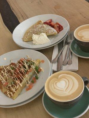 Vegetarian crepe with chicken and strawberry crepe and vanilla latte