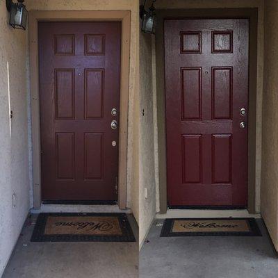 Front door with J&M Painting (left: before, right: after)