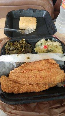 Fried Catfish dinner: The fish was way too salty, but the greens and cabbage were good. If I went back I would try something else.