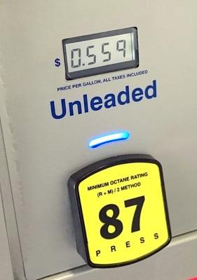 False advertising when it says 55.9 cents per gallon on the pump in the US but it is actually per litre?!?!?!?!?!?  Still cheap though!