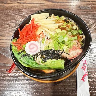 Shoyu pork belly Ramen  Green onions, seaweed, bamboo shoots mushroom, ginger, pork belly , spinach