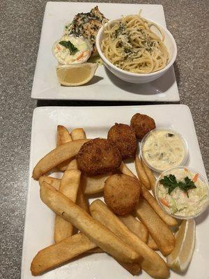 Lunch fried scallops & garlic butter haddock with linguini