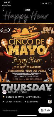 Cinco de Mayo flyer advertising bottomless happy hour until 9pm