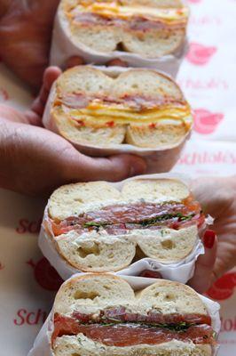 Breakfast with ham, and lox sandwich