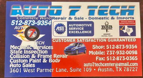 Biz card with listing of services offered plus Shop, Mobile, & Fax numbers and email address