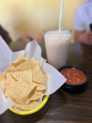 Chips and Salsa served while you dine in. Horchata pictured here too.